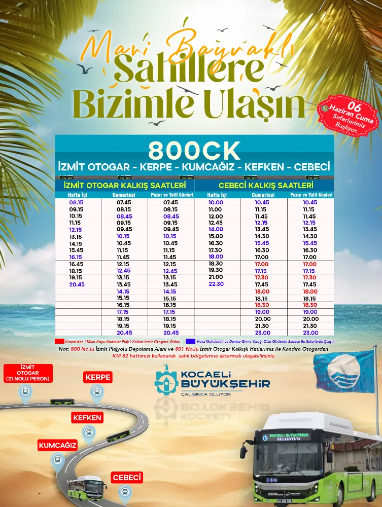 Kocaeli’nin Mavi Bayraklı sahillerine Ulaşımpark ile ulaşın;  800CK, 6 Haziran’da yola çıkıyor